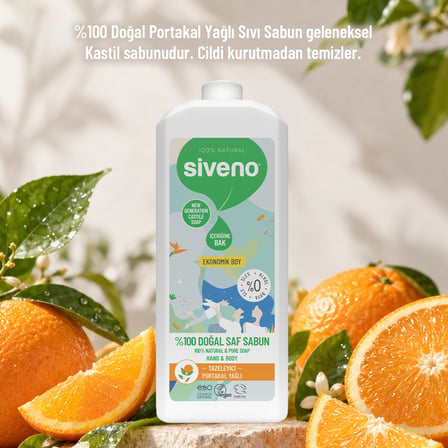 Siveno %100 Doğal Sıvı Kastil Sabun Portakal Yağlı Tazeleyici Nemlendirici Arındırıcı Bitkisel Vegan 1000 ml