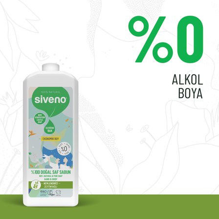 Siveno %100 Doğal Sıvı Kastil Sabun Zeytinyağlı Yoğun Nemlendirici Bitkisel Vegan 1000 ml