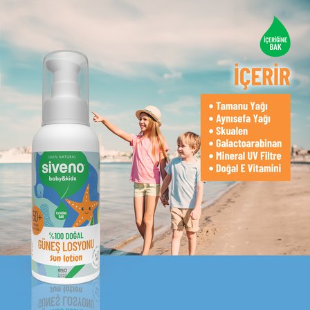 Siveno  Doğal Çocuk Güneş Losyonu Leke Karşıtı Antioksidan Nemlendirici Bitkisel Vegan Spf 50+ Uva Uvb  100 Ml