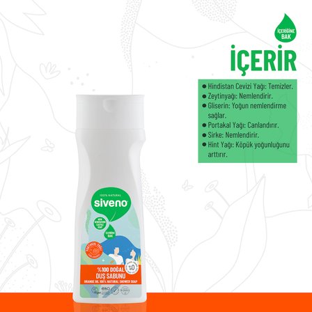 Siveno %100 Doğal Duş Sabunu Portakal Kokulu Canlandırıcı Duş Jeli 6 Değerli Bitki Vegan 300 ml