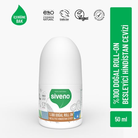 Siveno %100 Doğal Roll-on Hindistan Cevizli Deodorant Ter Kokusu Önleyici Bitkisel Lekesiz Vegan 50 ml