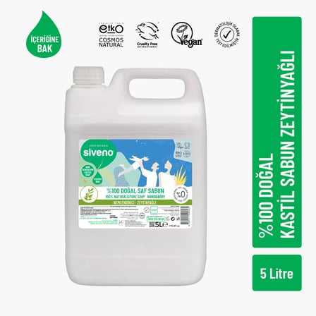 Siveno %100 Doğal Sıvı Kastil Sabun Zeytinyağlı Yoğun Nemlendirici Arındırıcı Bitkisel Vegan 5000 ml