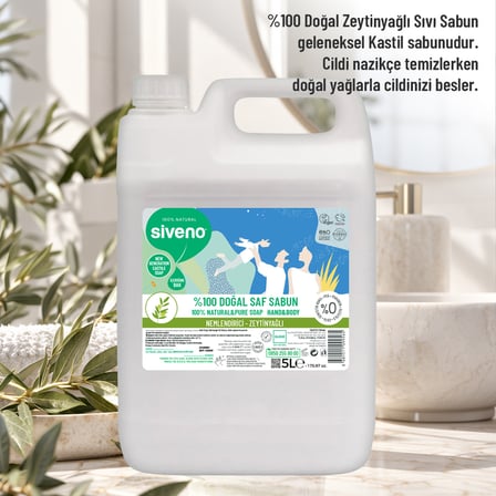 Siveno %100 Doğal Sıvı Kastil Sabun Zeytinyağlı Yoğun Nemlendirici Arındırıcı Bitkisel Vegan 5000 ml