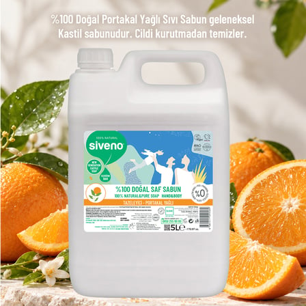 Siveno %100 Doğal Sıvı Kastil Sabun Portakal Yağlı Yoğun Nemlendirici Arındırıcı Bitkisel 5000 ml