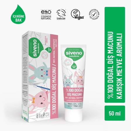 Siveno %100 Doğal Diş Macunu Bebek ve Çocuk İçin Karışık Meyve Aromalı Florürsüz 50 ml