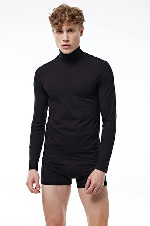 Erkek Siyah Yarım Balıkçı Yaka Uzun Kol Likralı Modal Body 086