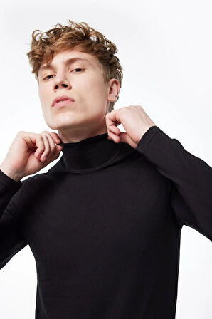 Erkek Siyah Yarım Balıkçı Yaka Uzun Kol Likralı Modal Body 086