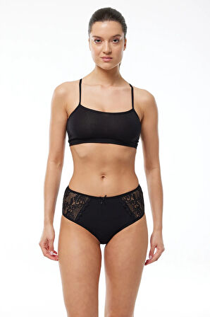 Kadın Siyah 3 Lü Paket Pamuk Elastan Dantelli Yüksek Bel Slip Külot 150