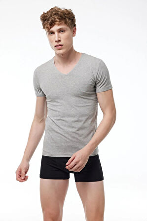Erkek Gri V Yaka Kısa Kollu Modal T-shirt Body 032
