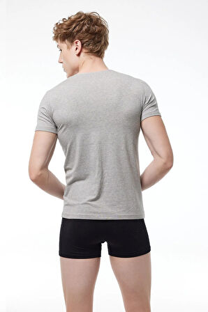 Erkek Gri V Yaka Kısa Kollu Modal T-shirt Body 032