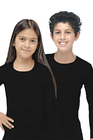 Unisex Çocuk Siyah Açık Yaka Uzun Kollu Termal Üst İçlik 362