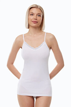 Kadın Beyaz Ince Askılı Çift Yönlü Dantelli Modal Atlet 1045