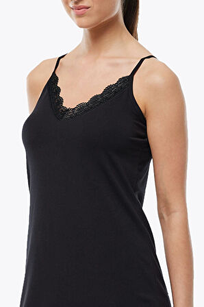 Malabadi 1047 Kadın Dantelli Yaka Modal İnce Askılı Çift Yönlü Elbise Astarı & Kombinezon