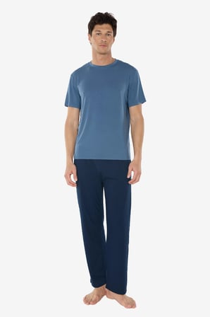 Erkek Mavi Bisiklet Yaka Micro Modal Extra Yumuşak Yazlık Pijama Takımı 6030