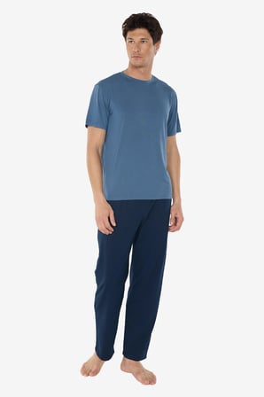 Erkek Mavi Bisiklet Yaka Micro Modal Extra Yumuşak Yazlık Pijama Takımı 6030