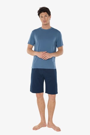 Erkek Mavi Bisiklet Yaka Micro Modal Extra Yumuşak Şortlu Pijama Takımı 6031
