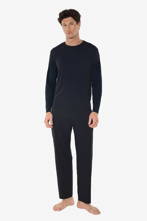 Erkek Siyah Bisiklet Yaka Micro Modal Extra Yumuşak Kışlık Pijama Takımı 6032