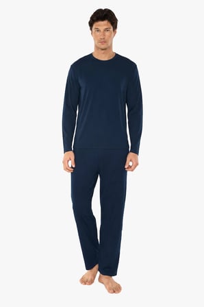 Erkek Lacivert Bisiklet Yaka Micro Modal Extra Yumuşak Kışlık Pijama Takımı 6032