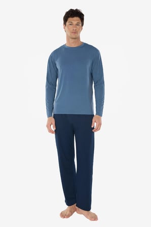 Erkek Mavi Bisiklet Yaka Micro Modal Extra Yumuşak Kışlık Pijama Takımı 6032