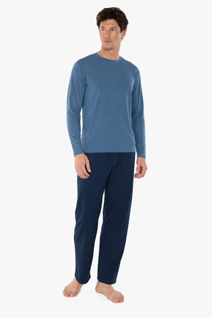 Erkek Mavi Bisiklet Yaka Micro Modal Extra Yumuşak Kışlık Pijama Takımı 6032