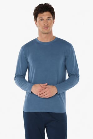 Erkek Mavi Bisiklet Yaka Micro Modal Extra Yumuşak Kışlık Pijama Takımı 6032