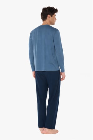 Erkek Mavi Bisiklet Yaka Micro Modal Extra Yumuşak Kışlık Pijama Takımı 6032