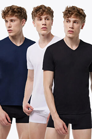 Erkek Siyah Füme Taş Rengi 3 lü V Yaka Modal İnce Yaz Serinliği Tişört 3M085