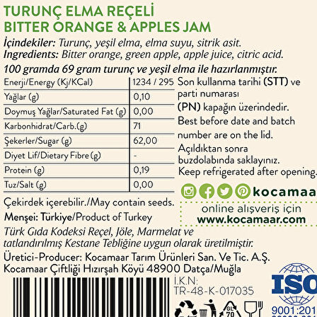 Kocamaar Çiftliği Turunç & Elma Reçeli (Rafine Şeker İlavesiz) 270 gr