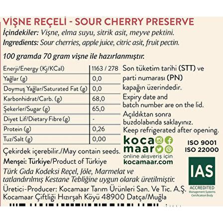 Kocamaar Çiftliği Vişne Reçeli (Rafine Şeker İlavesiz) 265 gr