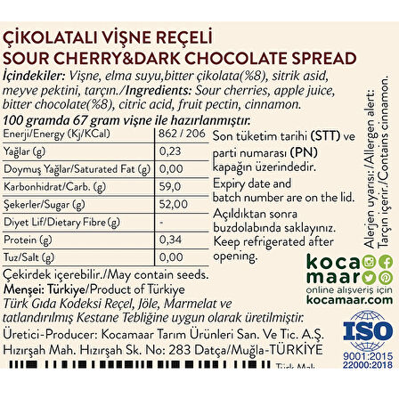 Kocamaar Çiftliği Çikolata Vişne Reçeli (Rafine Şeker İlavesiz) 240 gr