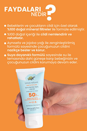 Bade Natural %100 Doğal 50+ SPF Yüksek Korumalı Çocuk Güneş Koruyucu Krem Mineral Filtreli 50 ml