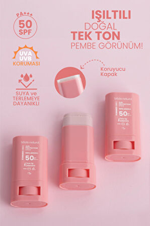 Bade Natural 50 SPF Ton Eşitleyici ve Cilt Aydınlatıcı Pembe Yüksek Korumalı Güneş Stick 16 g