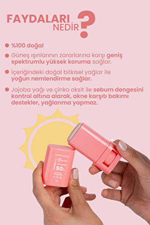 Bade Natural 50 SPF Ton Eşitleyici ve Cilt Aydınlatıcı Pembe Yüksek Korumalı Güneş Stick 16 g