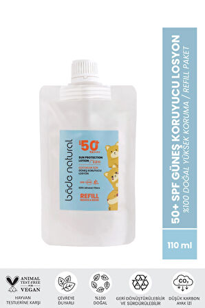Bade Natural Çocuk Güneş Koruyucu Losyon 50+ SPF Yüksek Korumalı %100 Doğal Refill Paket 110 ml