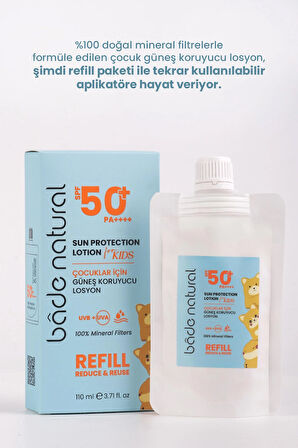 Bade Natural Çocuk Güneş Koruyucu Losyon 50+ SPF Yüksek Korumalı %100 Doğal Refill Paket 110 ml