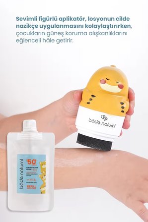 Bade Natural Çocuk Güneş Koruyucu Losyon 50+ SPF %100 Doğal Refill Paket + Dinozor Figürlü Aplikatör Set