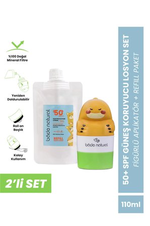 Bade Natural Çocuk Güneş Koruyucu Losyon 50+ SPF %100 Doğal Refill Paket + Dinozor Figürlü Aplikatör Set