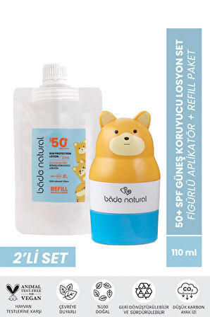 Bade Natural Çocuk Güneş Koruyucu Losyon 50+ SPF %100 Doğal Refill Paket + Ayı Figürlü Aplikatör Set