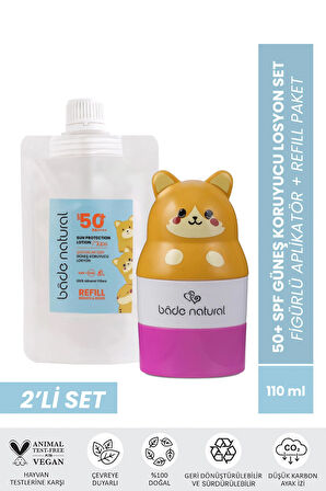 Bade Natural Çocuk Güneş Koruyucu Losyon 50+ SPF %100 Doğal Refill Paket + Kedi Figürlü Aplikatör Set