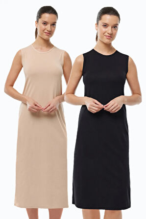 Kadın Siyah Ten Rengi 2 li Set Uzun Kolsuz Elbise Astarı Modal Kombinezon 2M1049