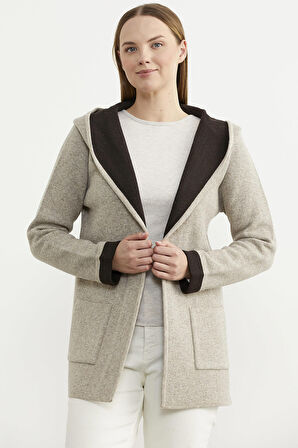 Cepli ve Kapüşonlu Yünlü Triko Ceket - Vizon - Kahverengi