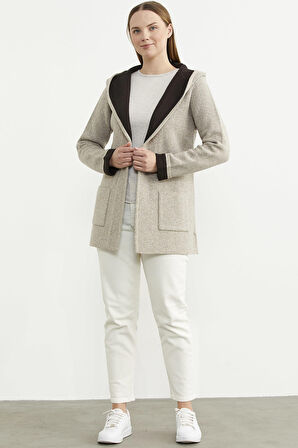 Cepli ve Kapüşonlu Yünlü Triko Ceket - Vizon - Kahverengi