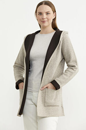 Cepli ve Kapüşonlu Yünlü Triko Ceket - Vizon - Kahverengi