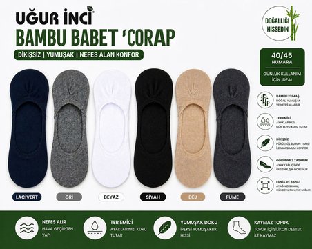 Uğur İnci Erkek Bambu Babet Çorap Dikişsiz Yumuşak 3'lü Paket