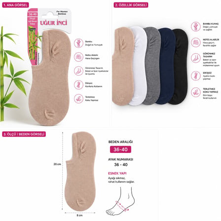 Uğur İnci Bayan Bambu Görünmez Çorap 36-40 Dikişsiz Nefes Alan Babet Çorap  3 lü Paket