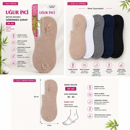 Uğur İnci Bayan Bambu Görünmez Çorap 36-40 Dikişsiz Nefes Alan Babet Çorap  3 lü Paket