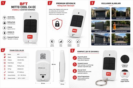 BFT Mitto Cool C4 EC 4 Kanallı Garaj Kapısı ve Otomatik Kapı Kumandası 433.92 MHz 5 li Paket
