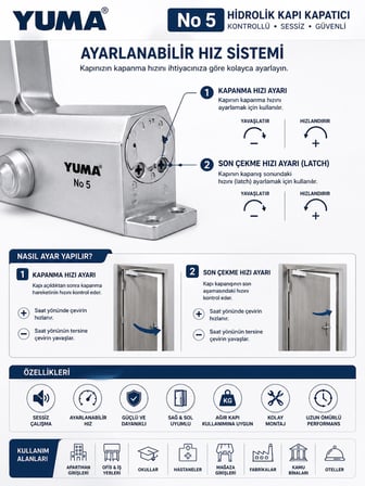 Yuma No5 Hidrolik Kapı Yayı | Ayarlanabilir Kapı Kapatıcı | Güçlü ve Sessiz Mekanizma