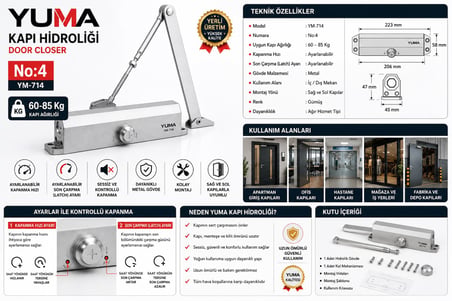 Yuma YM-714 No:4 Hidrolik Kapı Kapatıcı 60-85 Kg Ayarlanabilir Sessiz Kapı Hidroliği Ağır Hizmet Tip