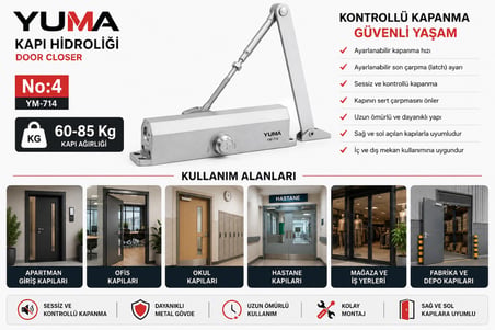 Yuma YM-714 No:4 Hidrolik Kapı Kapatıcı 60-85 Kg Ayarlanabilir Sessiz Kapı Hidroliği Ağır Hizmet Tip